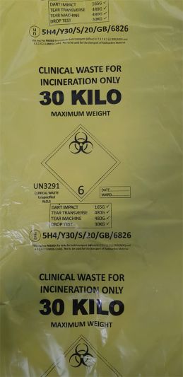 ADR CLINICAL WASTE BAGS 30KG YELLOW