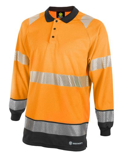 HIVIS TWO TONE POLO SHIRT L/S OR/BLK MED BPKTTLS